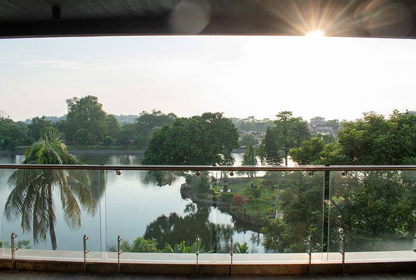 Serene lake view from the balcony of Lakeside Manor